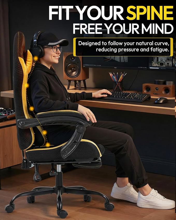 Gaming Chair with Footrest, Ergonomic 330lbs Leather Mesh Chair, Massage Lumbar Support,Adjustable Height & Headrest,Breathable Seat for Office, Home, Streaming, Long Gaming Sessions, Black and Golden