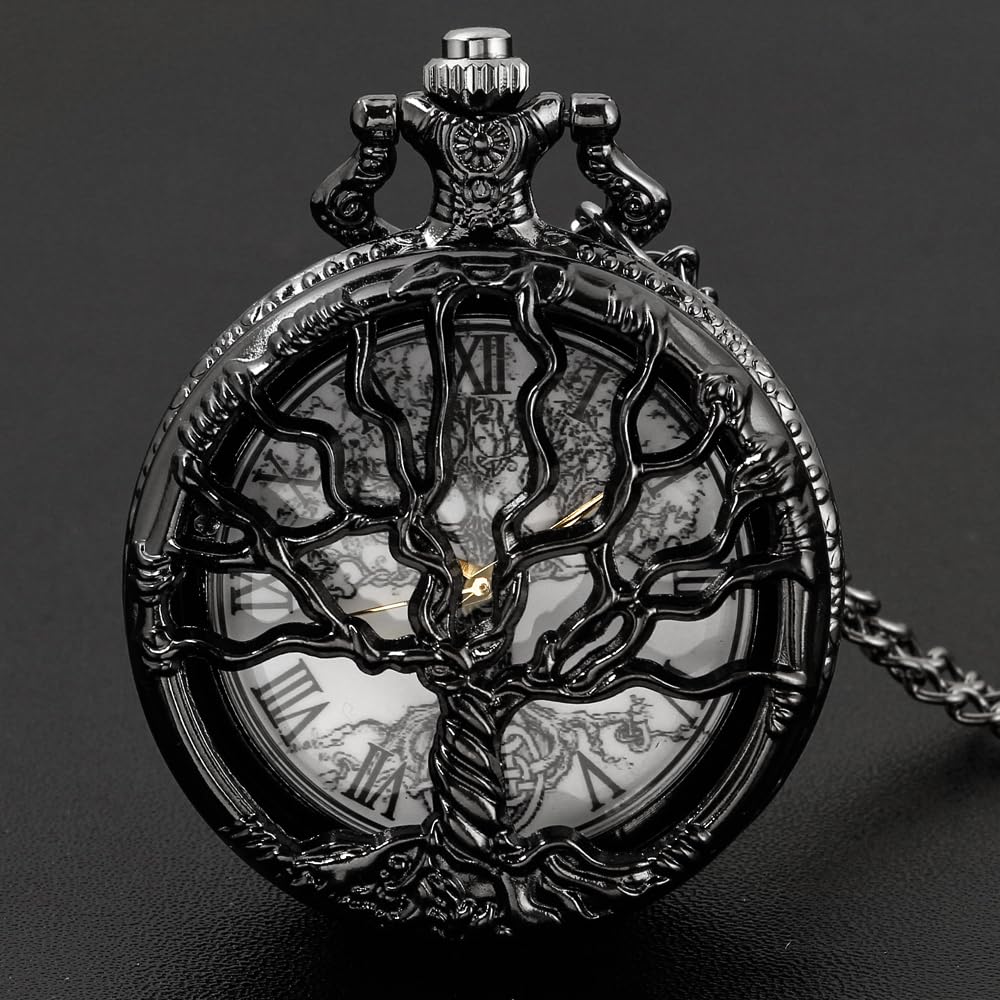 Tiong Pocket Watch Hollow Tree Design Roman Numerals Quartz with Chain Birthday Gifts(Black)