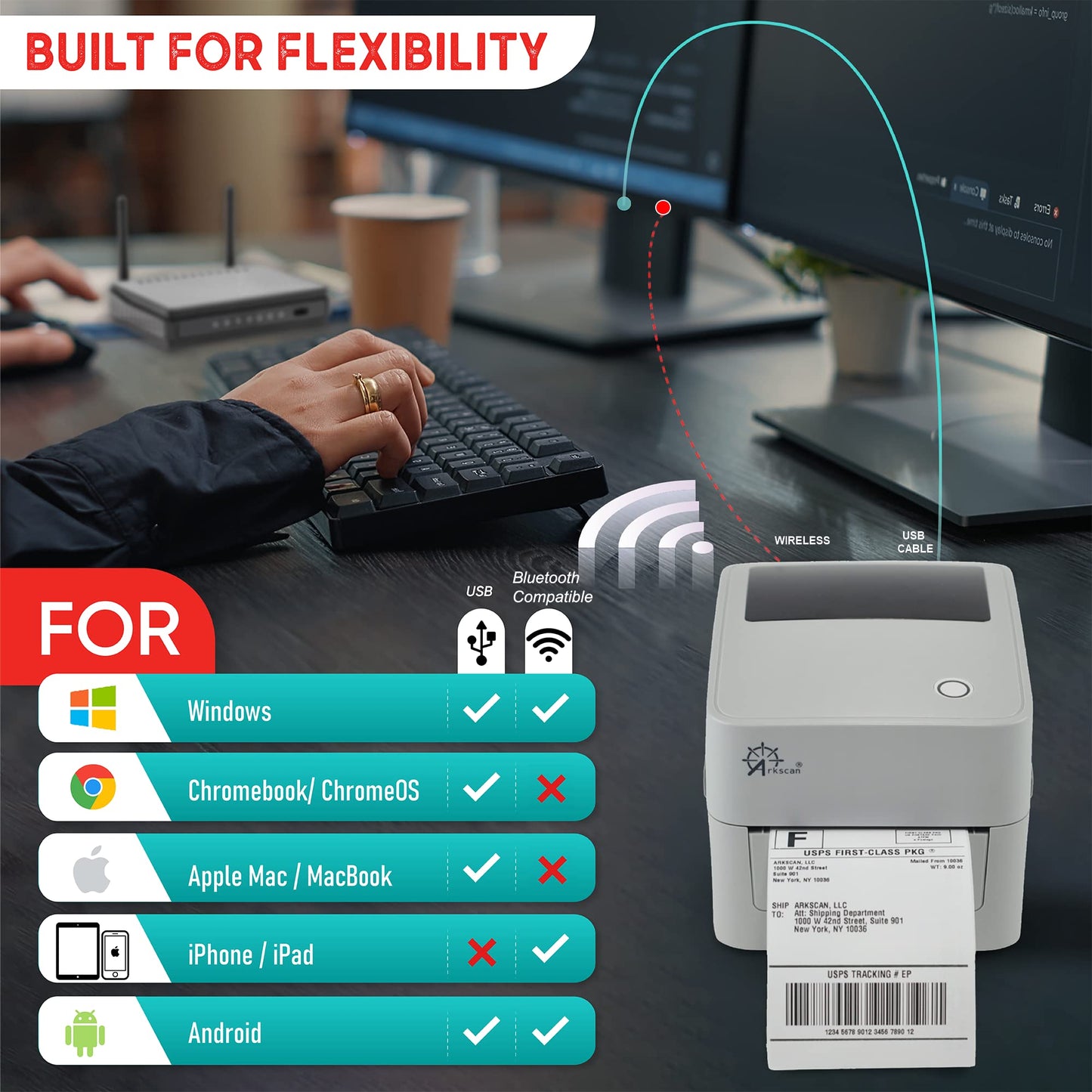 Arkscan 2054K-BP Shipping Label Printer Support Bluetooth-Enabled Computer Device Over Wireless or USB Connection, Works w/iOS Android Windows macOS ChromeOS for 4x6 Direct Thermal Label, NOT WiFi