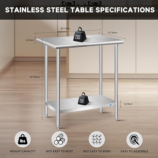 PIUMACU Stainless Steel Table 30 x 12 Inch Commercial Stainless Steel Prep Table, Metal Table for Kitchen Garage Restaurant