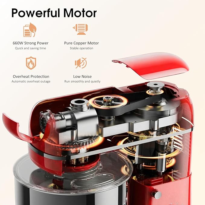 Stand Mixer, 7-IN-1 6.5QT 660W Multifunctional Electric Kitchen Mixers with Blender, Meat Grinder, Dough Hook, Whisk and Beater, 8-Speed Food Mixer for Baking, Cooking, Food Processing, Red