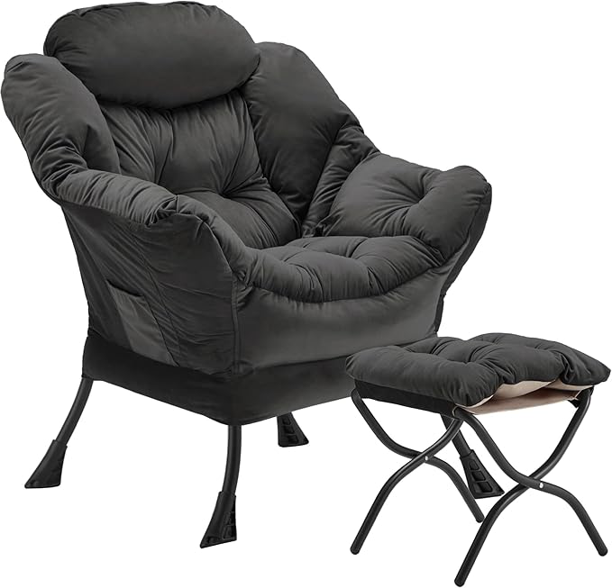 Youtanic Lazy Chair with Folding Ottoman, Accent Chair Velvet Upholstered with Metal Structure and Non-Slip Pads, Sofa Armchair with Footrest and Side Storage Bag for Dorm, Office, Charcoal