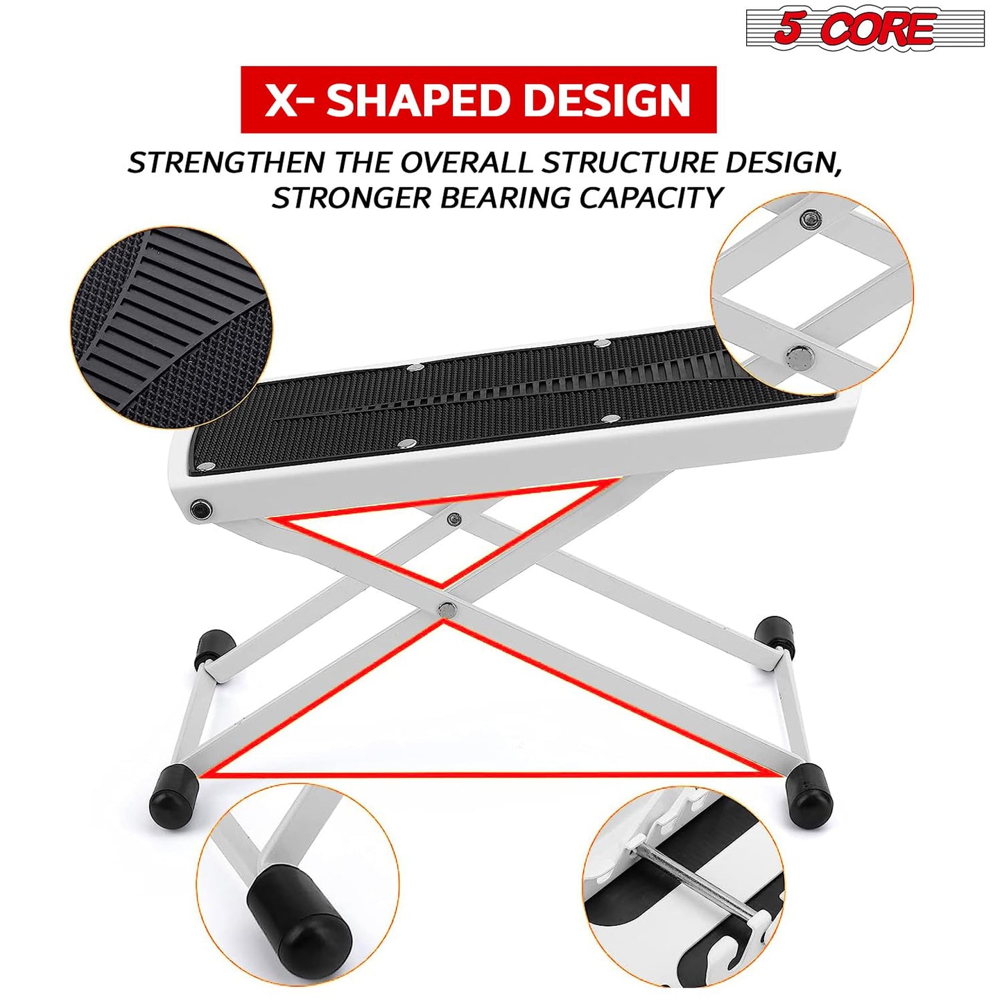 5 Core Guitar Foot Stool - 6-Level Height Adjustable Metal Folding Foot Rest With Non-Slip Surface, Stable Rubber Feet, Portable