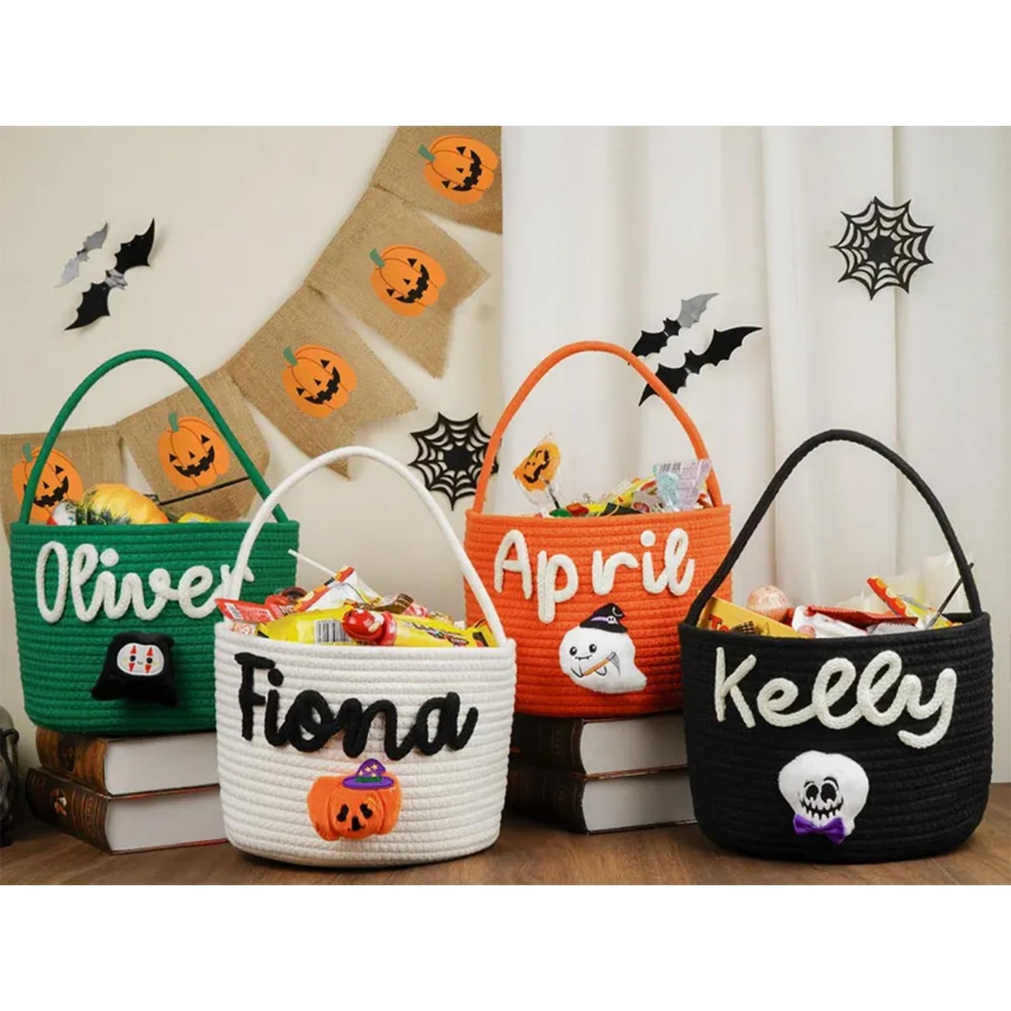 Personalized Halloween Basket for Kids Custom Trick or Treat Bag with Name, Handmade Candy Tote, Embroidered Pumpkin or Ghost Bucket Ideal Halloween Gift or Costume Accessory