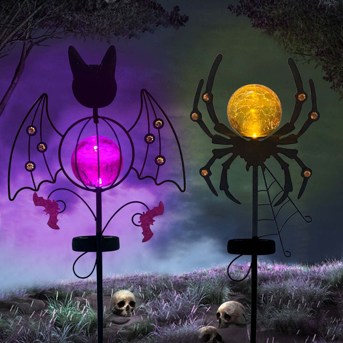Solar Halloween Yard Decorations, Outdoor Solar Garden Metal Stake Lights, Funny Spider & Bat Stake with Crackle Glass Ball LED Lights Halloween Outdoor Decorations, Set of 2