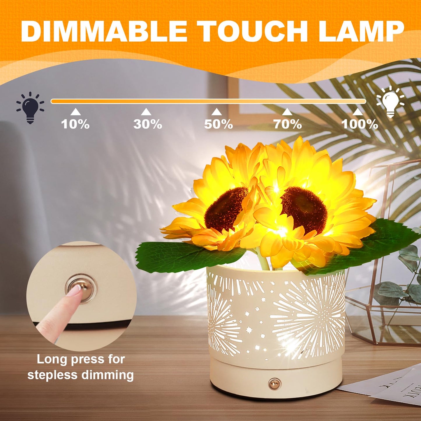AMWGIMI Birthday Gifts for Women,Sunflower Flower Cordless LED Touch Table Lamp,3-Colour Infinitely Dimming Rechargeable Small Night Light for Festival,Restaurant,Bedroom,Office Decor Gifts for Mom