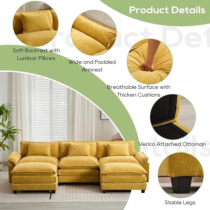 Oprisen 120" Modular Sectional Sofa, Comfy Cloud Couch Sectional Sofa with Ottoman, Chenille Sofa Sleeper Deep Seat Sofa with Throw Pillows for Living Room (Yellow, 120"- U Shape)