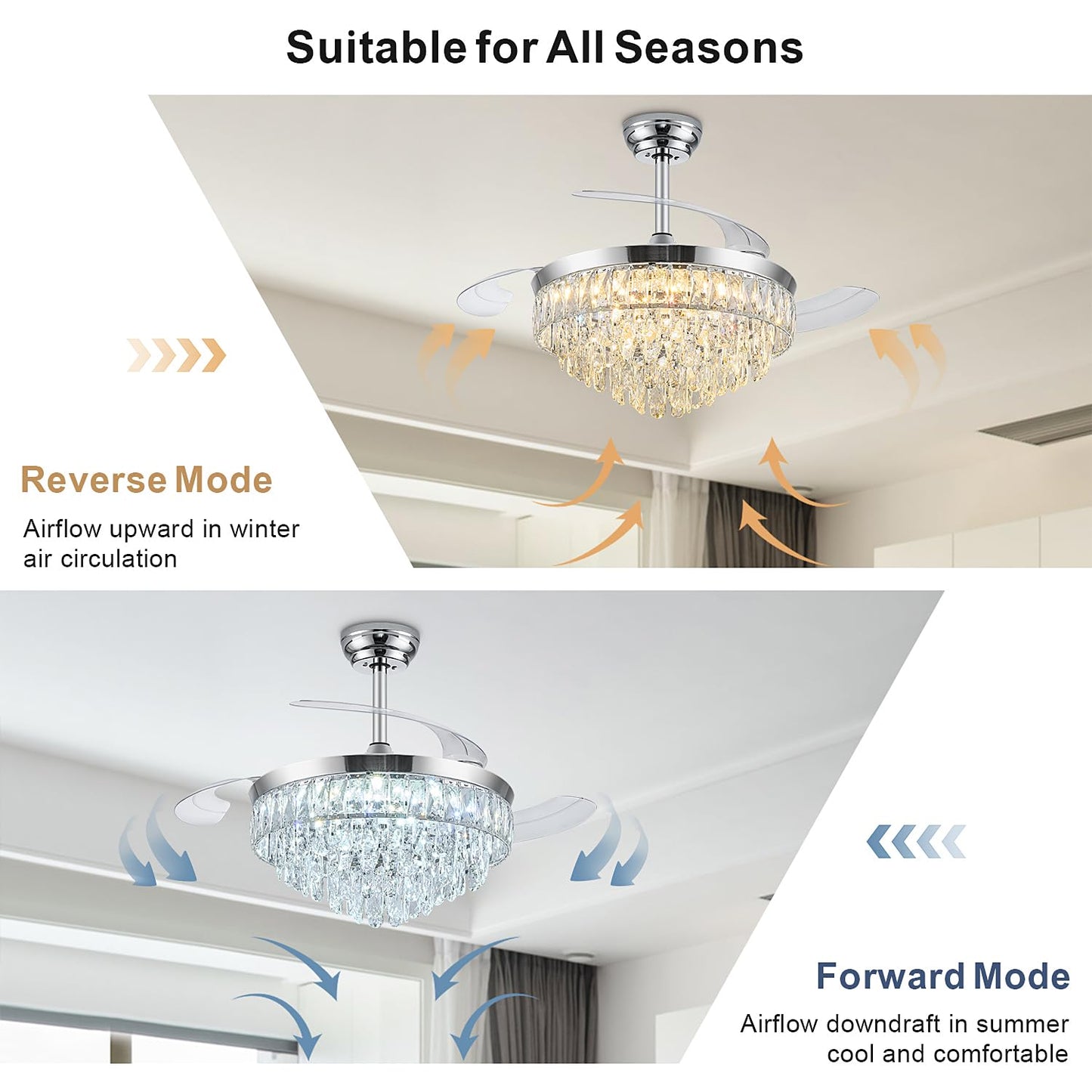 Deliyfans 42'' Chandelier Ceiling Fan with Lights, Retractable Fan with Remote and APP, Crystal Fandelier Ceiling Fan, Dimmable LED, Reversible Motor, Quiet for Bedroom Living Room-Chrome