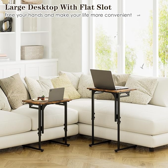Fleecy day Adjustable Folding TV Tray Table,TV Dinner Small Foldable C-Shaped End Table for Eating,6 Height Adjustable Slide Under Couch Side with Sturdy MDF Top,No Assembly(Brown,2Pcs)