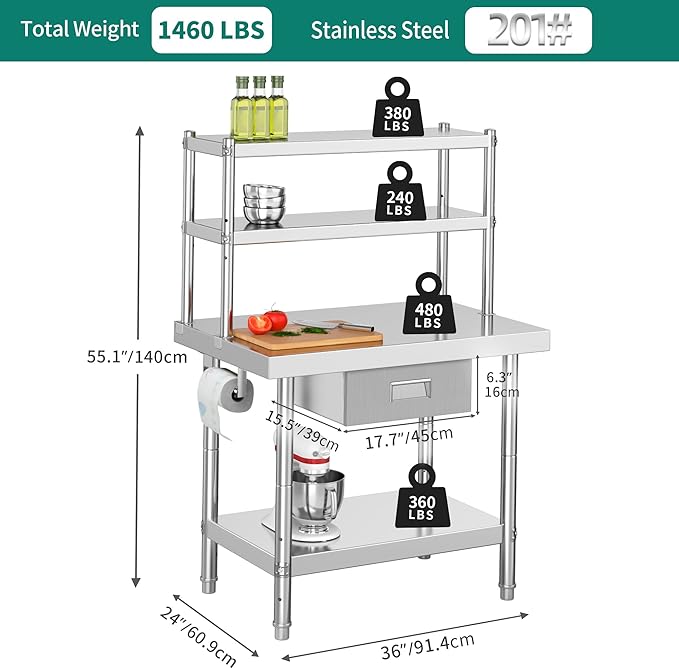 YITAHOME Stainless Steel Adjustable Work Table with 36" 12" Shelf, Overshelves & Drawer - NSF Metal Prep Table for Kitchen, Home, Restaurant & More
