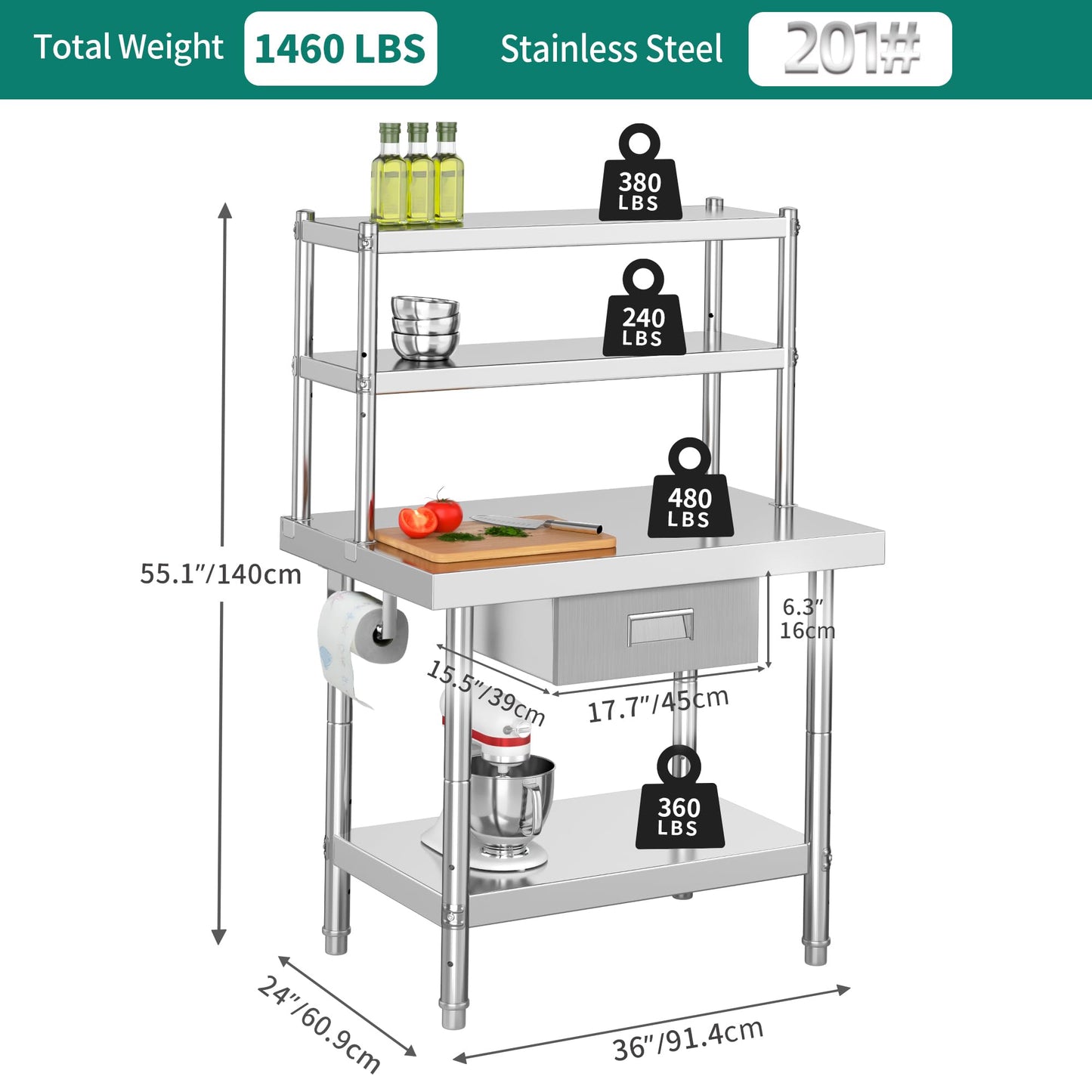YITAHOME Stainless Steel Adjustable Work Table with 36" 12" Shelf, Overshelves & Drawer - NSF Metal Prep Table for Kitchen, Home, Restaurant & More