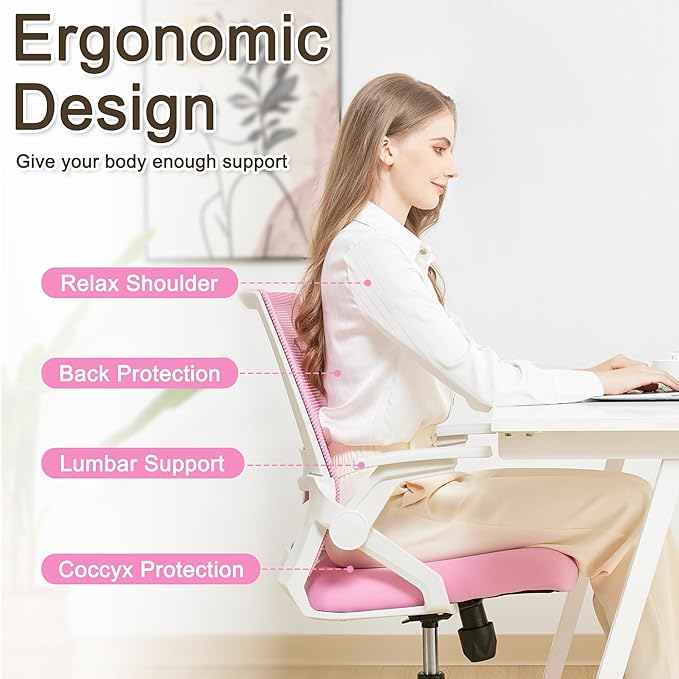 Msdizuo Ergonomic Office Chair Desk Chair with Adjustable Height Mesh Computer Chair Swivel Chair with Flip-up Arms and Lumbar Support Pink
