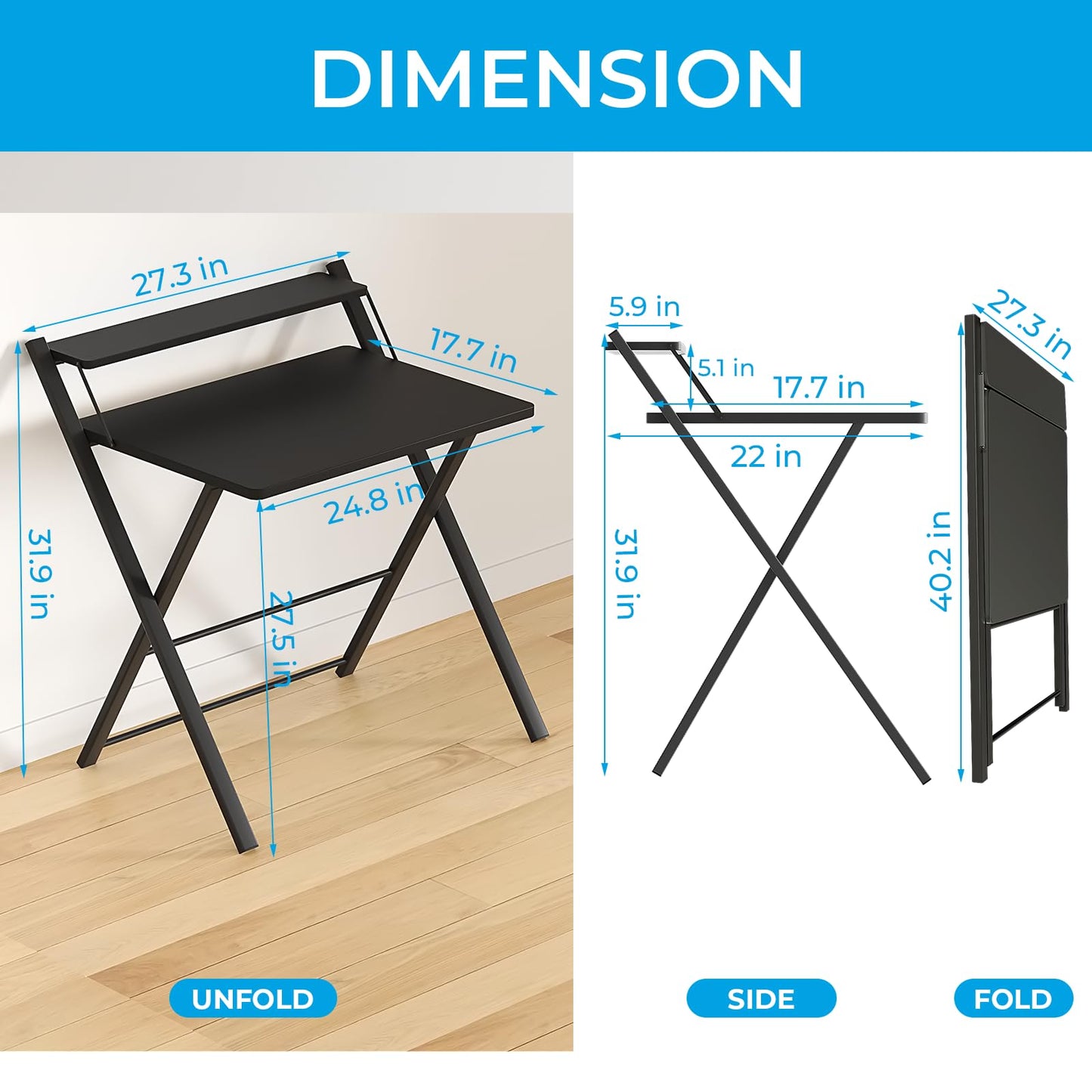 GreenForest No Assembly Folding Desk, 2-Tier Compact Computer Desk with Shelf, Space Saving Foldable Table for Home Office, Dorm or Apartment, Portable Collapsible Sturdy Laptop Desk, Black