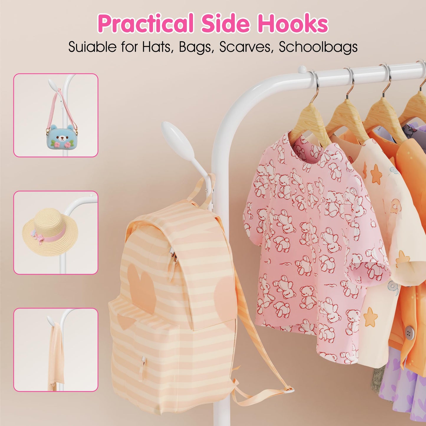 Upgraded Kids Clothing Rack - Dress Up Clothes Rack Baby Toddler Montessori Wardrobe- Small Portable Garment Racks with Storage Shelf and Hooks - for Costumes, Princess Dresses & Shoes, White