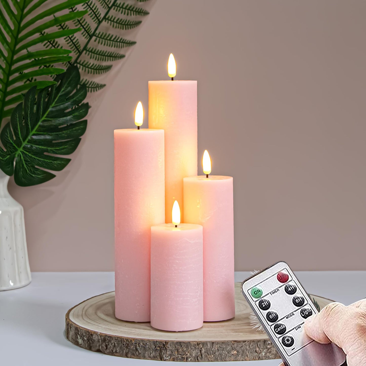 Vtobay Flickering Flameless Pillar Candles with Remote Control and Cycle Timer,Pink Pack of 4 Battery Operated(Powered by 2AA) LED Real Wax Tall Fake 3D-Wick Electric Candles(D 2.2” x H 4”,6”,8”,10”)