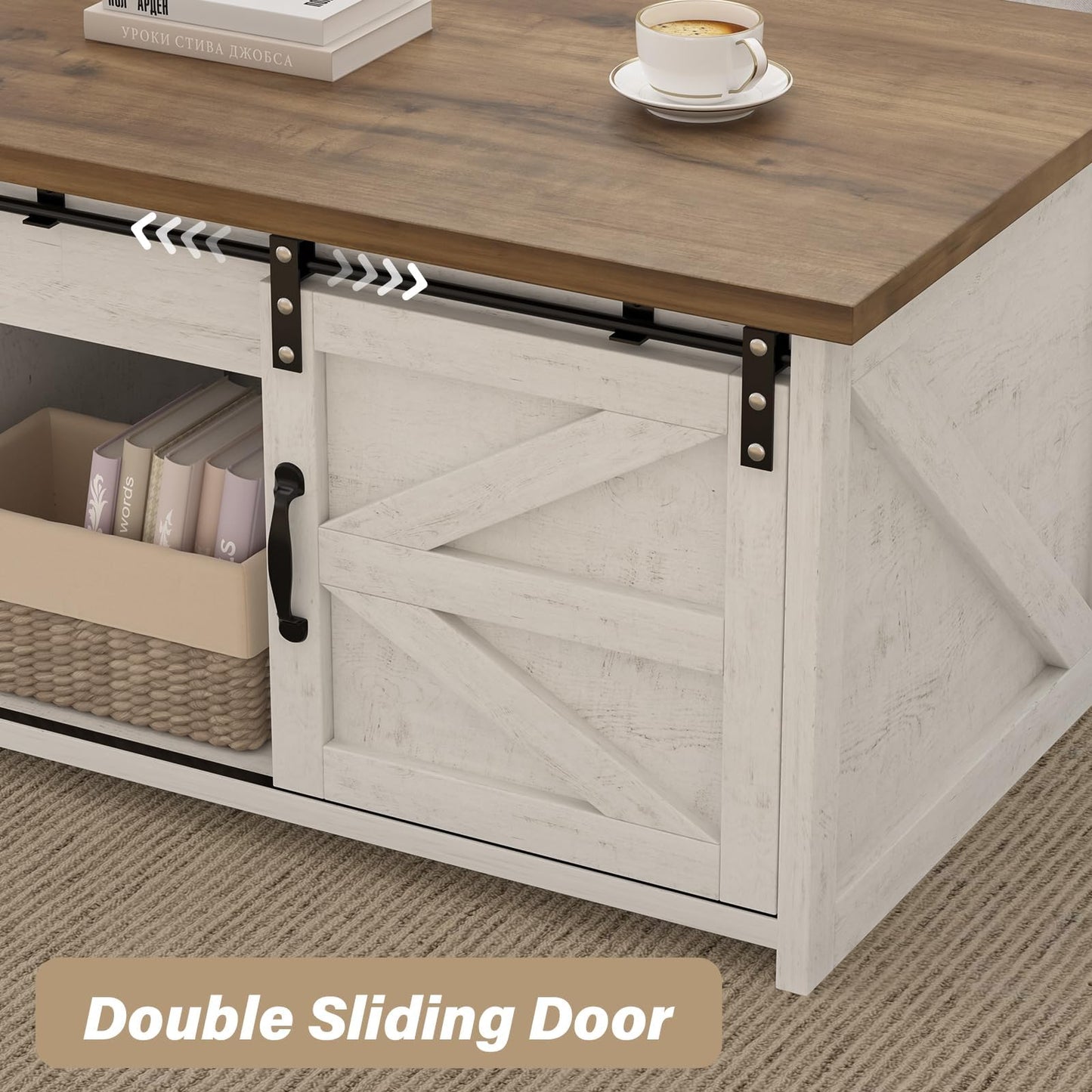 REVOMINCA Farmhouse Coffee Table Lift Top with Storage for Living Room, White Coffee Table with Large Hidden Storage Compartment, 48 Inch White Center Table with Sliding Barn Doors