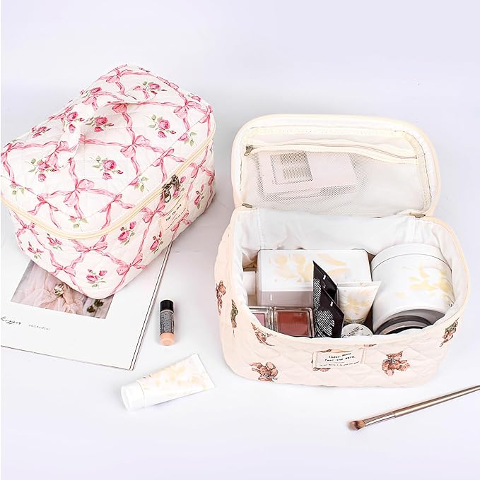 Quilted Makeup Bag,Large Cosmetics Bag Set,Coquette Floral Make up Pouch,Travel Toiletry Bag for Women