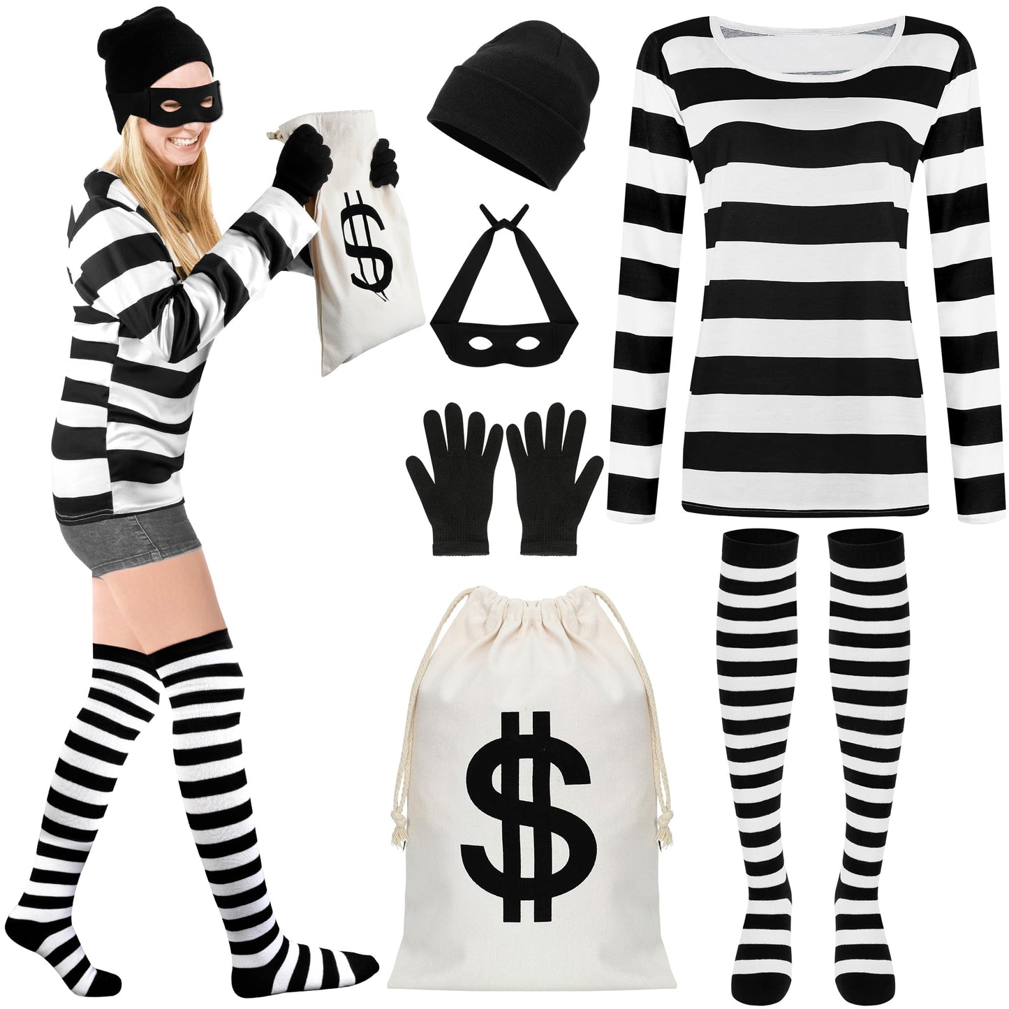 QZYL Halloween Women Robber Costume Set, M Women Thief Cosplay Striped Shirt Mask Gloves Beanie Cap Bag for Halloween Thief