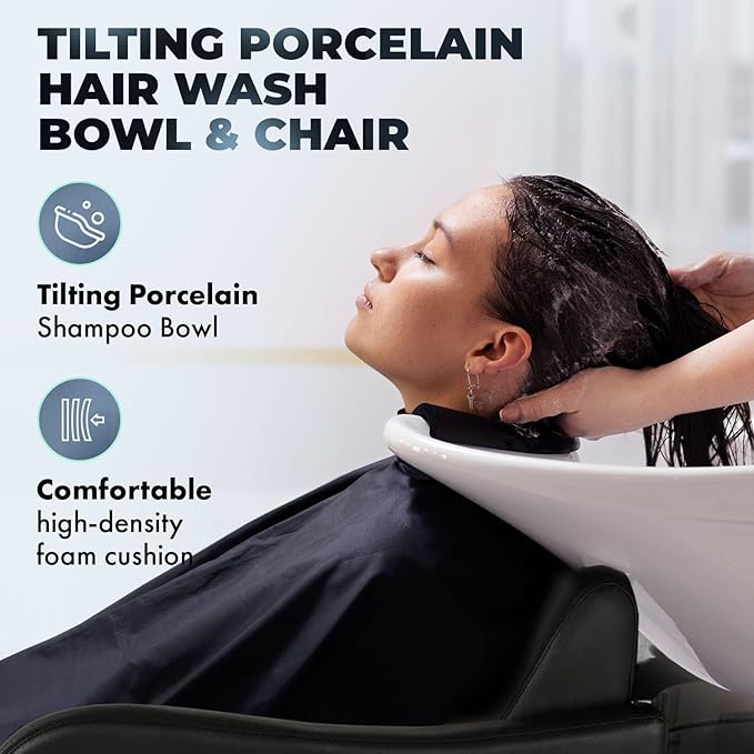 Buy-Rite Lexus Backwash Unit - Professional Salon Shampoo Chair with Tilting White Porcelain Bowl, Kick-Out Leg Rest, Extra Wide Seat & Single-Handle Faucet, Black Chair, TS-8018B