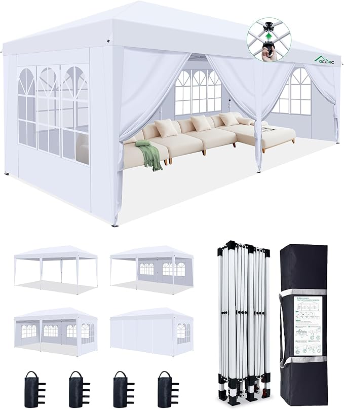 Acepic 10x20 Pop Up Canopy with 6 Removable Sidewalls, 2 Central Lock Easy Set-up Outdoor Party Tent with Top Vent, Commer...