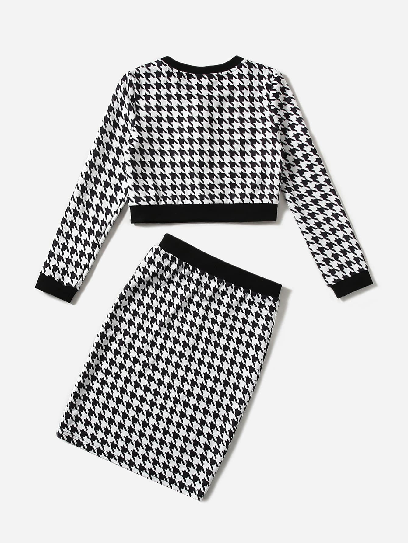 Milumia Girl's Two Piece Outfits Houndstooth Button Decor Crop Blazer Jacket and Skirt Sets Black and White 9 Years