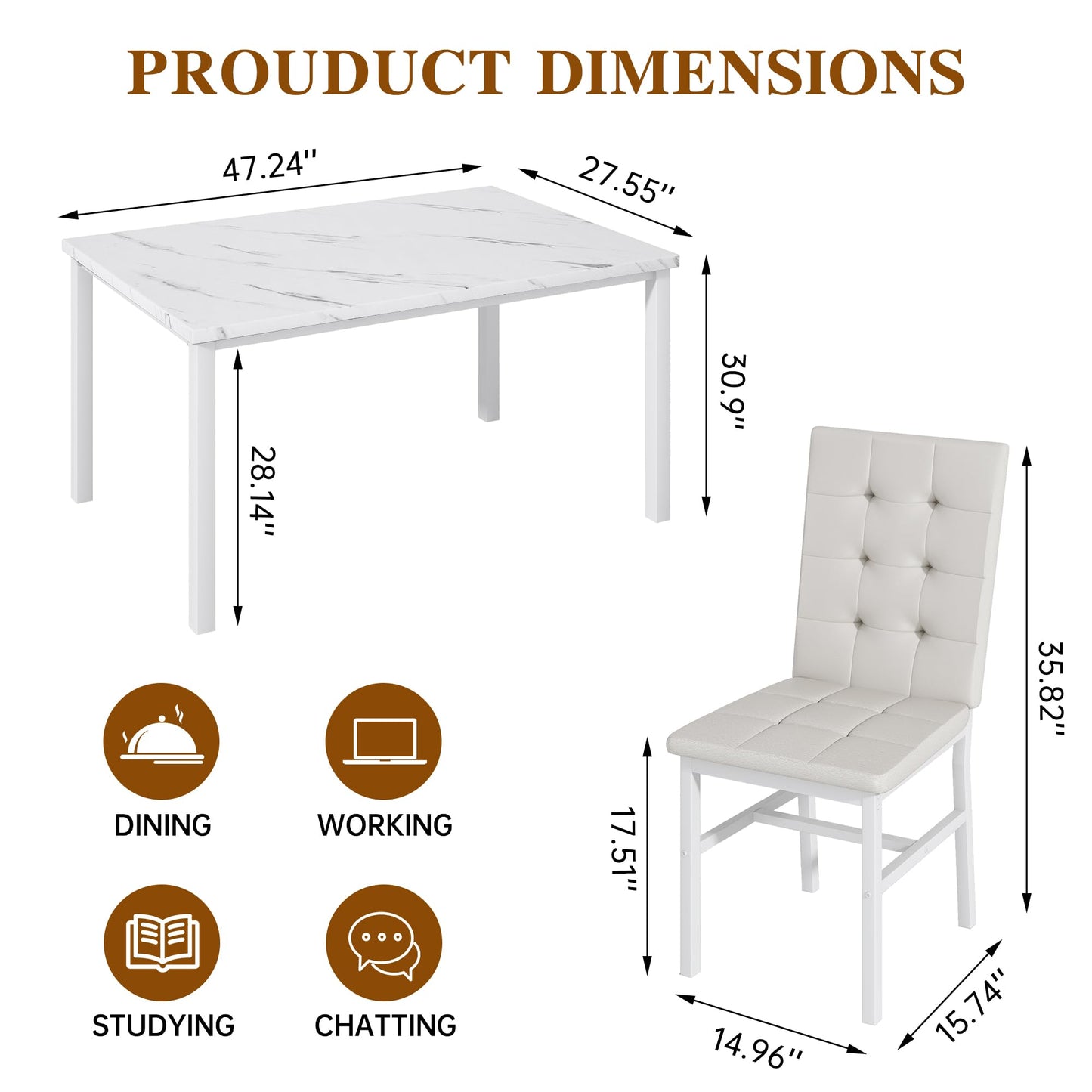 AWQM Dining Table Set for 4,Faux Marble Kitchen Table and Chairs Set of 4, Modern Dining Room Table Set for 4,Dinner Table with 4 Leather Chairs, Dinette Set for Small Spaces,White