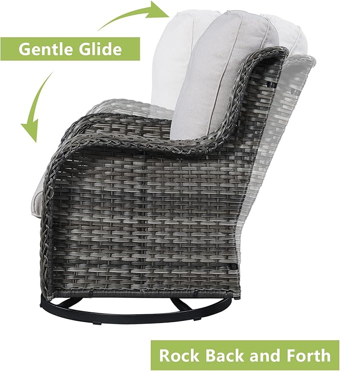 Rilyson Wicker Rocking Chair Swivel Chairs – 6 Piece Rocker Patio Furniture Set Rattan Rocking Bistro Sets with Glass Top Side Table for Outdoor Porch Deck Garden Backyard(Mixed Grey/Beige)
