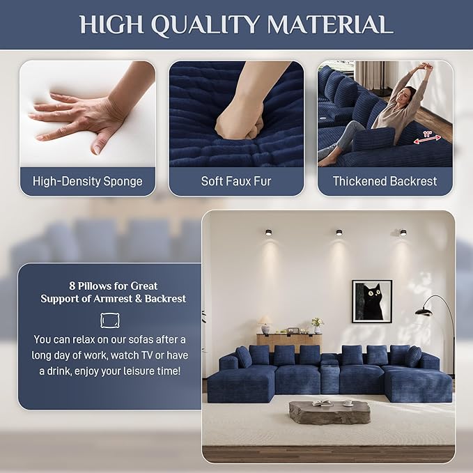 Modular Sectional Sofa with USB Cup Holders Storage, 143" U Shaped Cloud Couch Plush Corduroy Deep Seat Boneless Sofas with Double Chaise Lounge Sectional Couches Memory Foam for Living Room - Blue
