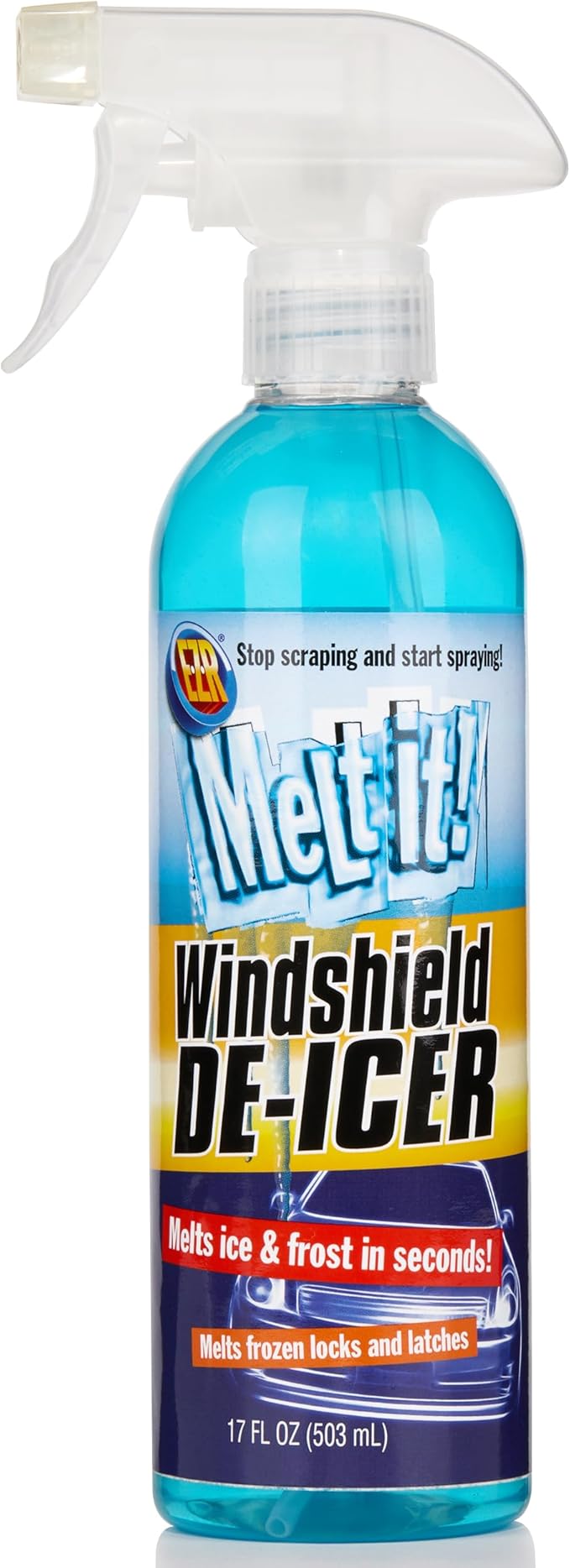 E·Z·R Melt it! Windshield De-Icer. Instantly Melts Ice & Winter Frost for Car Windshields, Windows, Mirrors, Key Locks, & Latches, Snow Melting Defrost Liquid for Car Window Cleaner, 17 Fl Oz 4-Pack