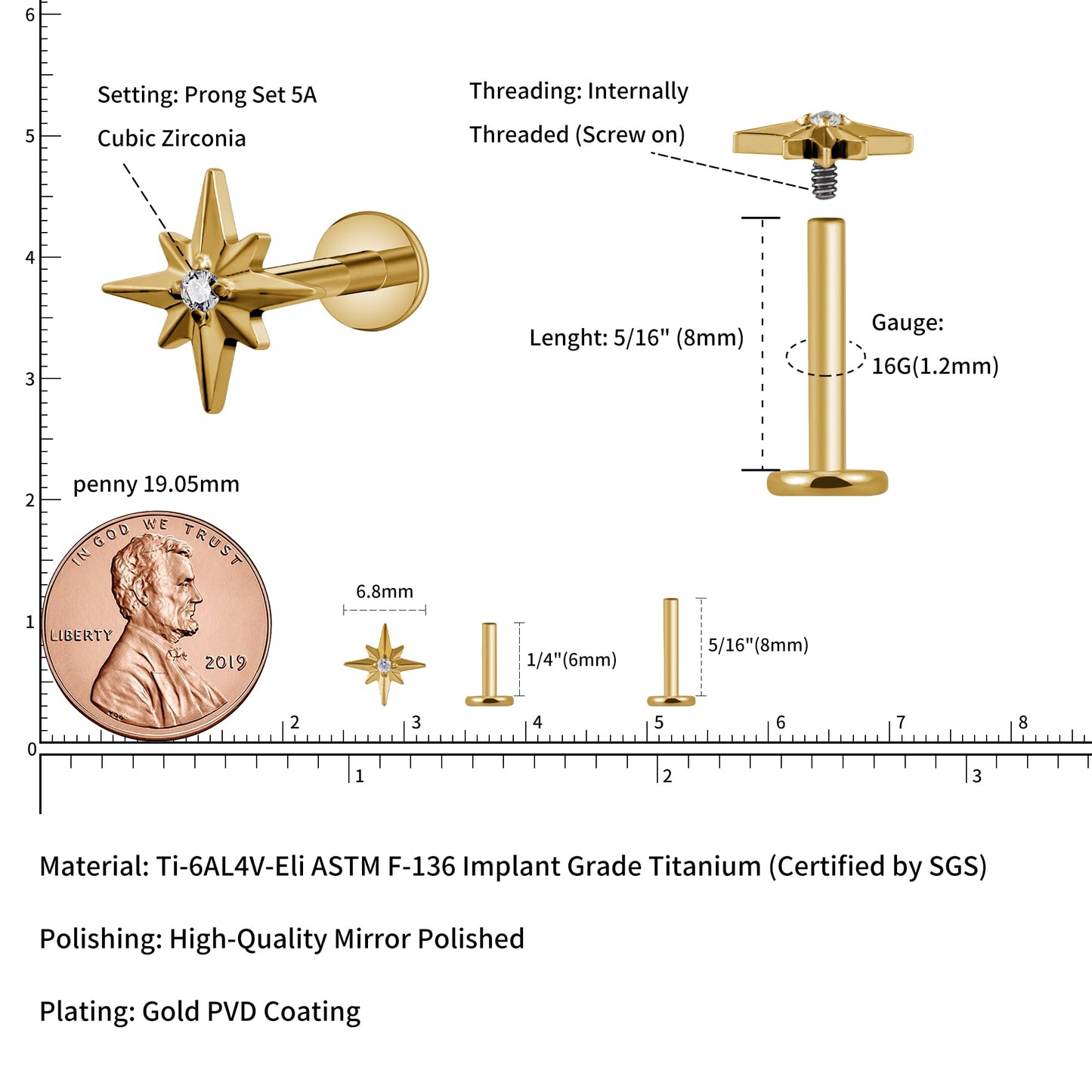 FINE4U Gold Flat Back Earrings Stud Titanium 16G 6mm 8mm - ASTM F136 Titanium North Star Cartilage Earring for Conch, Helix, Fla