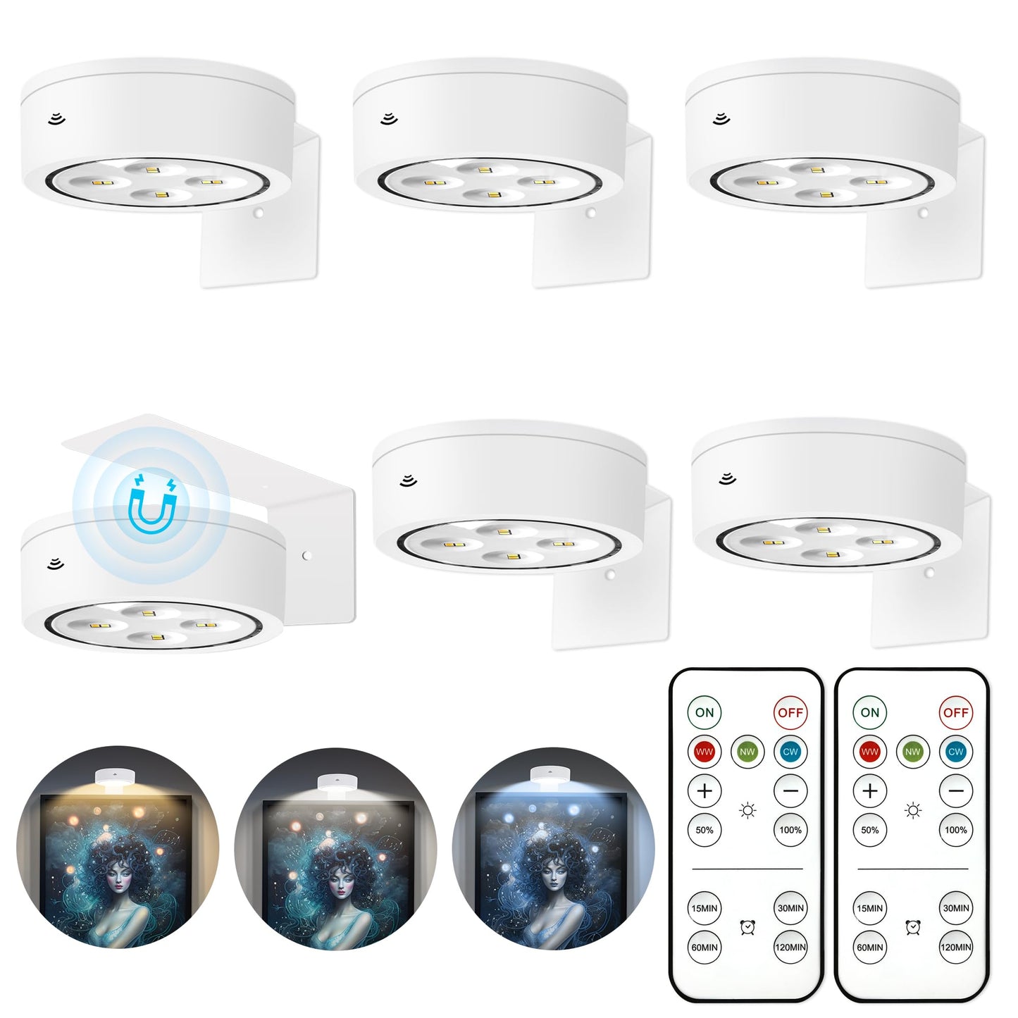 6Pcs Picture Light Battery Operated, Magnetic Led Painting Light with Remote Dimmable and Timer, 3 Lighting Modes Art Display Light for Picture Frame Paintings, Wireless Wall Decor Puck Lights