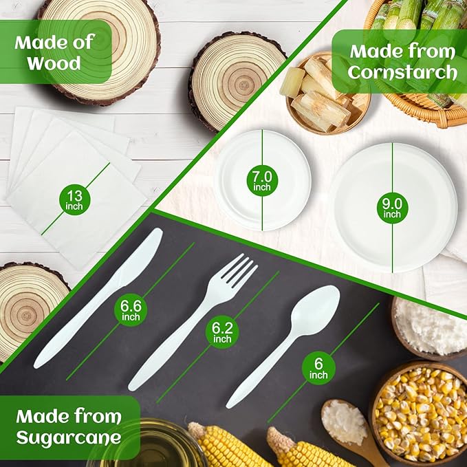 300Pcs Compostable Paper Plates Set, Eco-friendly Heavy Duty Plates & Biodegradable Utensil Include Forks,Knives,Spoons, Napkins, Disposable Dinnerware Set for Party (White)