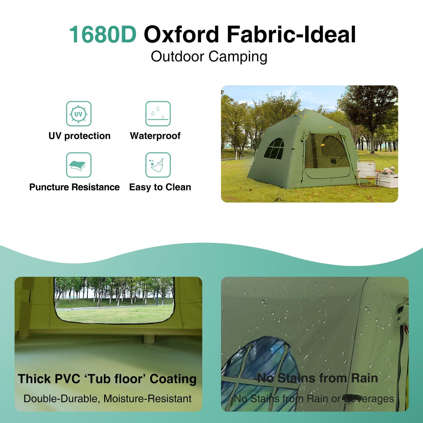 KNUO Inflatable Tent for Winter Camping 7.8x7.8ft Blow Up Air Tents, No Assembly Needed Luxury Glamping Tent for 1/2/3 People, Waterproof Oxford, Field Green