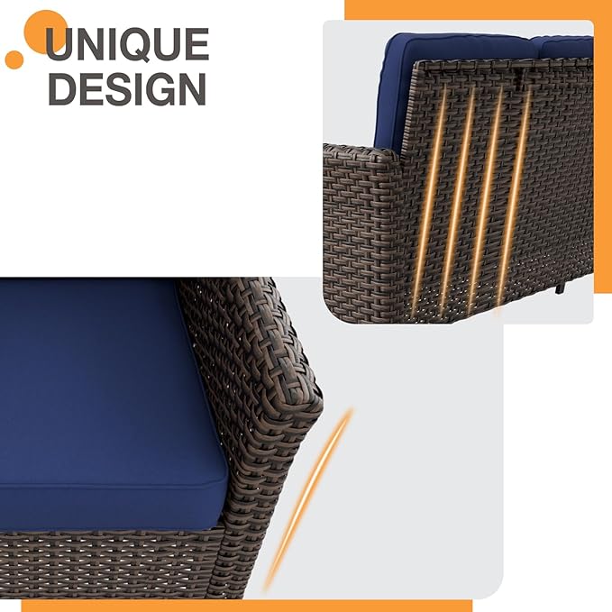 COOS BAY Harbor Retreat 5 Piece Outdoor Furniture Set, Patio Conversation Set with Patio Chairs, 3 Seat Couch and Ottomans, Wicker Furniture, Brown/Blue