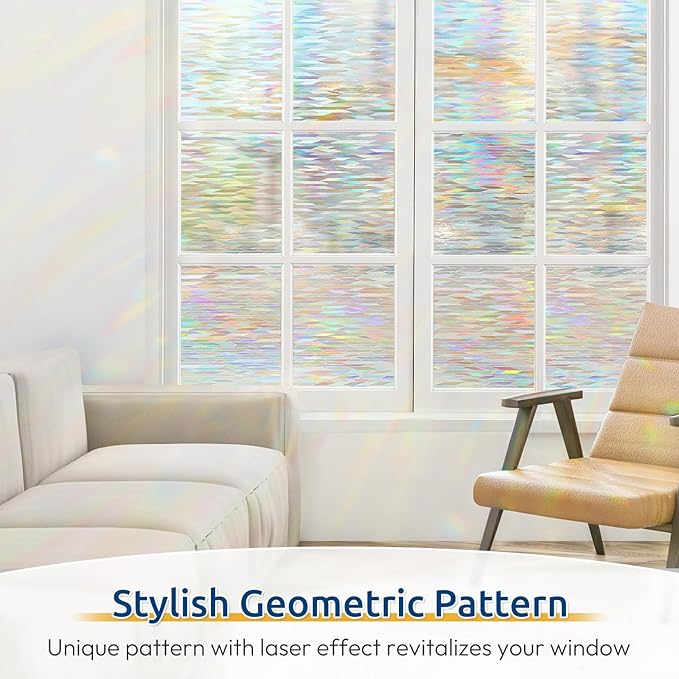 rabbitgoo Window Privacy Film with Installation Tools, Stained Glass Window Film Rainbow Prism Decorative Glass Clings for Home Decor, Static Cling Covering Sun Blocking, 17.5" x 78.7"