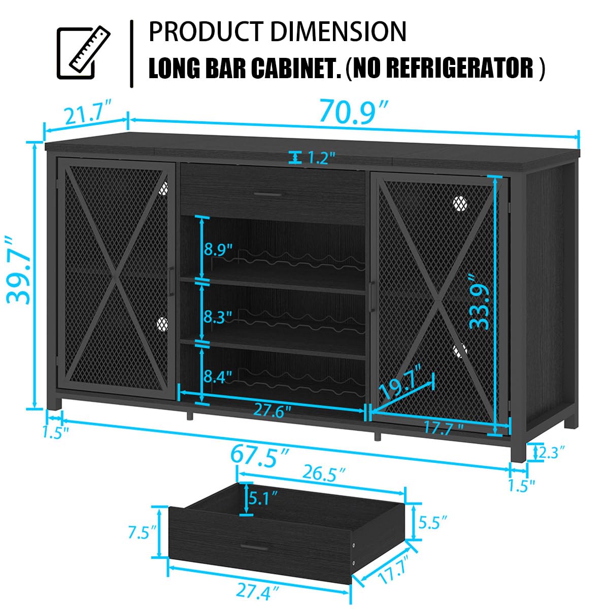 LVB Long Coffee Bar Cabinet with Fridge Space, Modern Wood Metal Large Wine Liquor Cabinet with Rack, Big Wide Sideboard Buffet Cabinet with Drawer Storage for Kitchen Dining Room, Black Oak, 70 Inch