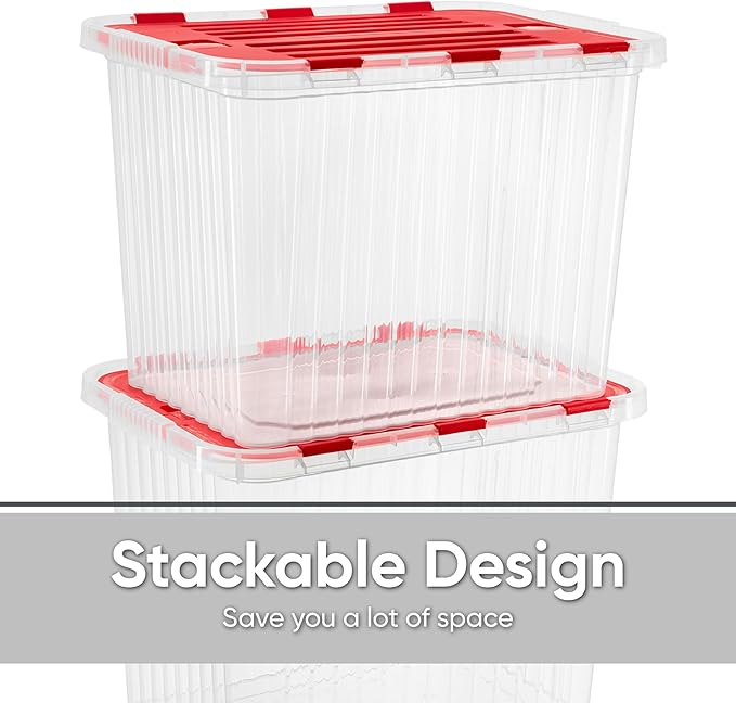 Superio Christmas Storage Box with Red Hinged Lids, Plastic Container Bins for Organizing with Attached Lid, Stackable Crates, BPA Free, Organizers for Home and Office, 53Quart (20.25"x14"x14.6")
