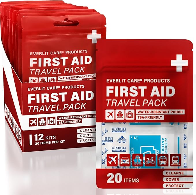 EVERLIT CARE Travel Bandage Pack | 12 Individual Packets, Bulk Portable Mini First Aid Kit with 20 On-The-Go Essentials | ...