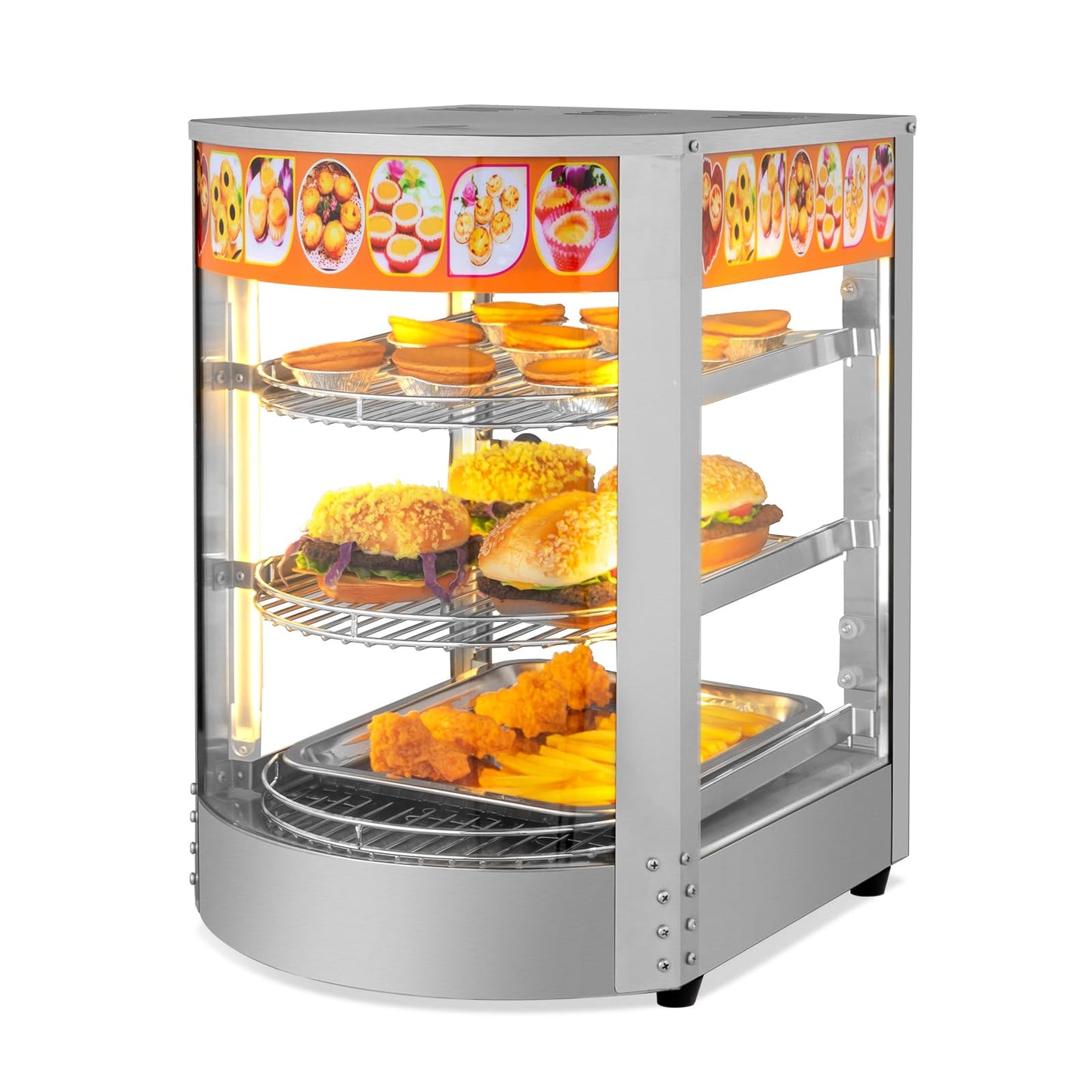 ROVSUN 3-Tier Food Warmer Pizza Warmer Countertop, Commerical Food Warmer Display with LED Lighting Removable Shelves Glass Door, Pretzel Warmer for Buffet Restaurant Cafe, 110V 800W