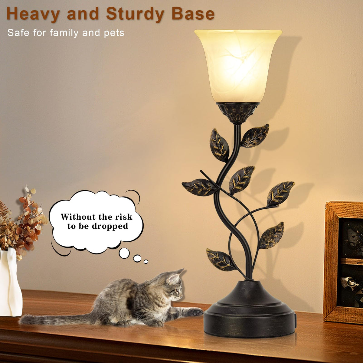 Bedside Lamps Set of 2, 20 Inch Retro Style Table Lamp for Bedroom Touch Control 3-Way Dimmable with USB C+A Charging Ports, Torchiere Lamps for Night Stands Metal Leaf and Glass Shade, Bulbs Included