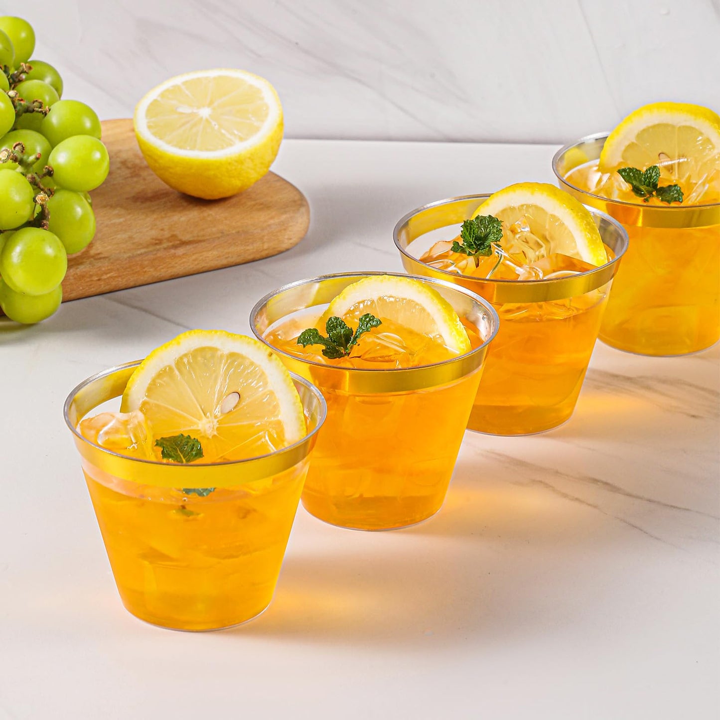 VajilaPhil 50PCS Gold Plastic Cups, 9 oz Clear with Metallic Gold Rim Disposable Cups, Elegant Plastic Tumblers, Fancy Party Cups