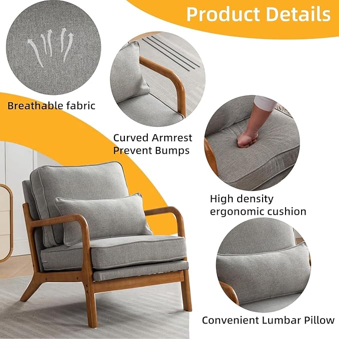 Mid-Century Accent Chair Set of 2, Linen Fabric Lounge Chair with Wide Armrest,13-16.5'' Low Seat Height Armchair with Lumbar Pillow & Solid Wood Frame for Living Room, Bedroom, Balcony(Light Gray)