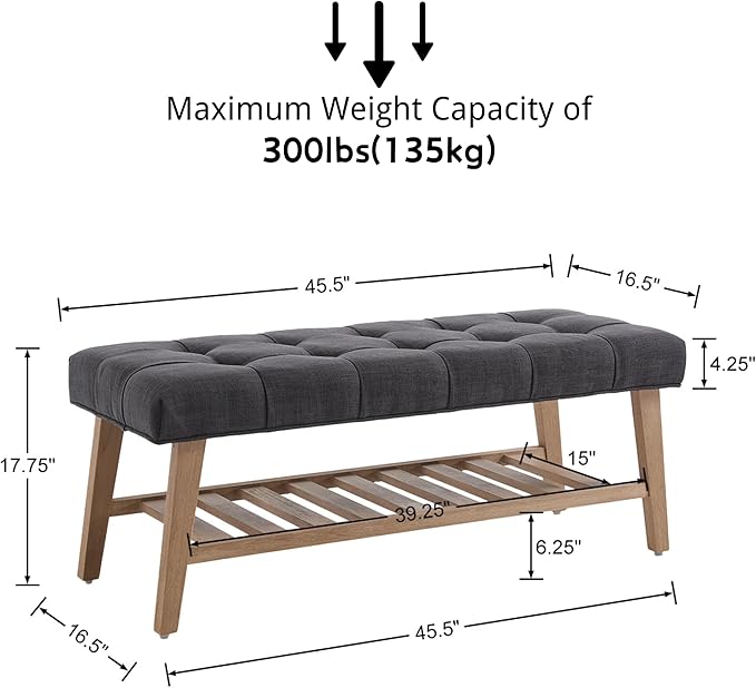 Janoray Entryway Shoe Bench Storage Benches with Upholstered Button Tufted Seat and Open Slatted Shelf Linen Ottoman Bench for Hallway Living Room Bedroom End of Bed, Charcoal