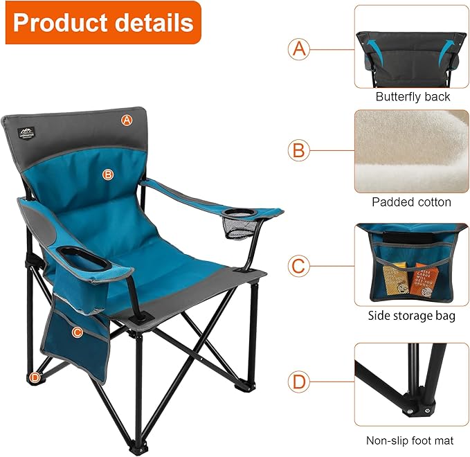 LANMOUNTAIN Oversized Folding Camping Chair,Heavy Duty Padded Portable Lawn Chair w/Extra Large Cup Holder,Side Pocket for Adults Outdoor Sports Hiking Beach Garden Picnic,Blue