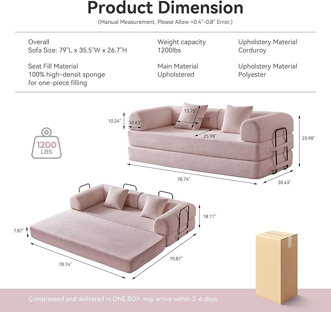 ZQRhome 79" 5-in-1 Convertible Sofa Bed, Luxe Sleeper with Reinforced Frame & Plush Support, No Assembly Corduroy Couch for Lounge, Bedroom & Dorm, Pink