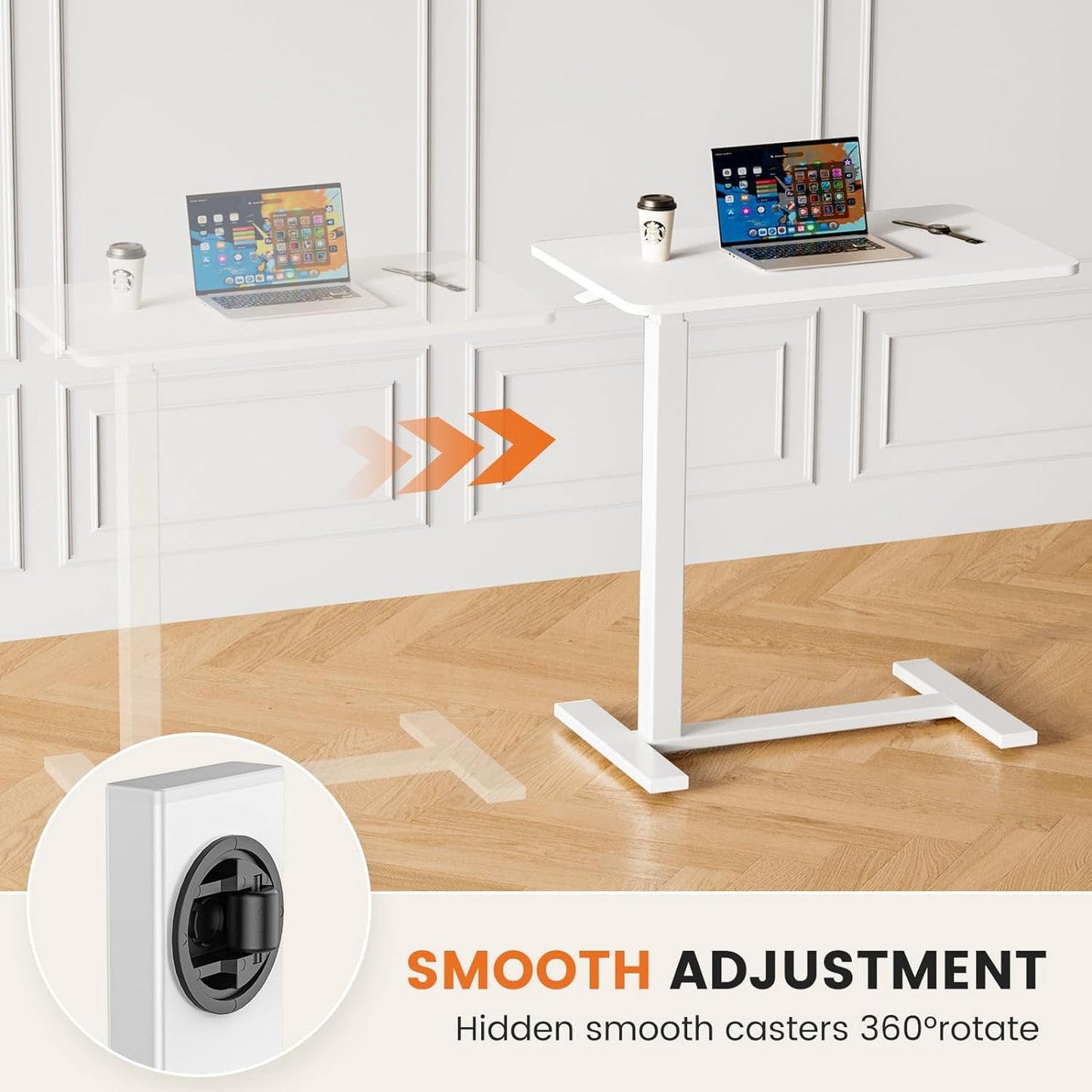 Sweetcrispy Overbed Bedside Table with Wheels, Adjustable Hospital & Home Use Bed Table, Rolling Laptop Table, Mobile Standing Desk, White