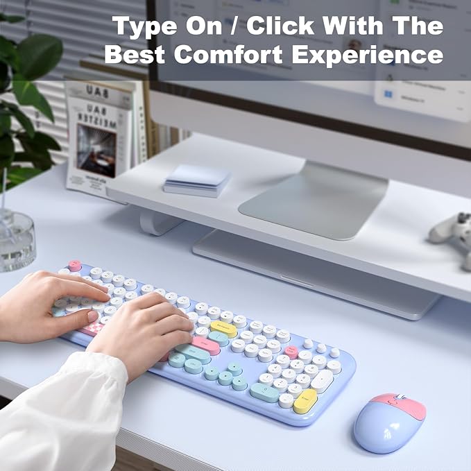 Wireless Keyboard and Mouse Combo, Full-Sized Typewriter Keyboards, Cute Cat Shaped Wireless Mouse, USB Plug and Play for Windows, Computer, PC, Laptop, Desktop (Blue Colorful)