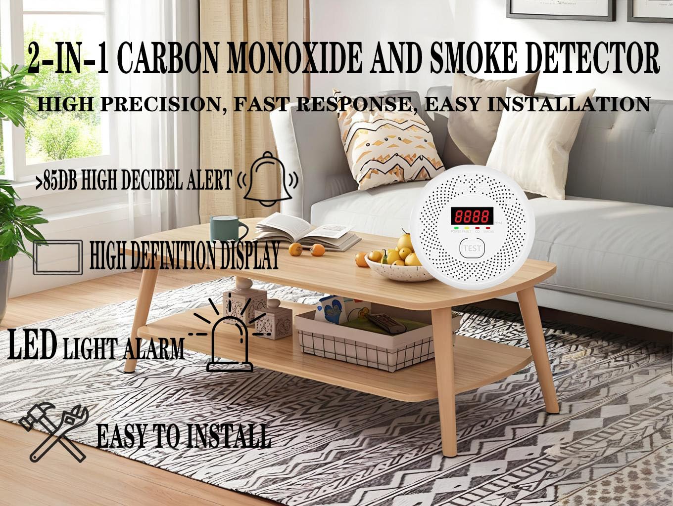 Vzmcov Carbon Monoxide and Smoke Detector LCD Display, Battery Powered, Dual sensors, 85dB Voice Alarm and Real-time Tracking, Suitable for Home/Kitchen/Bedroom/RV (Small Screen, 1Pack-CO&Smoke)