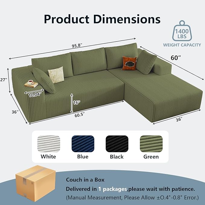 96" Cloud Sectional Couch with L-Shape Chaise, Modern Corduroy Boneless Couch for Living Room,Memory Foam Sofa with Deep Seat,No Assembly Required (Green,Right-Facing Chaise)
