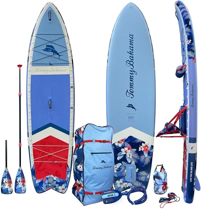 Tommy Bahama Marlin 11’6” 2-in-1 Inflatable Paddle Board/Kayak Package, Includes: Electric Pump, 4-Piece Paddle & Travel B...